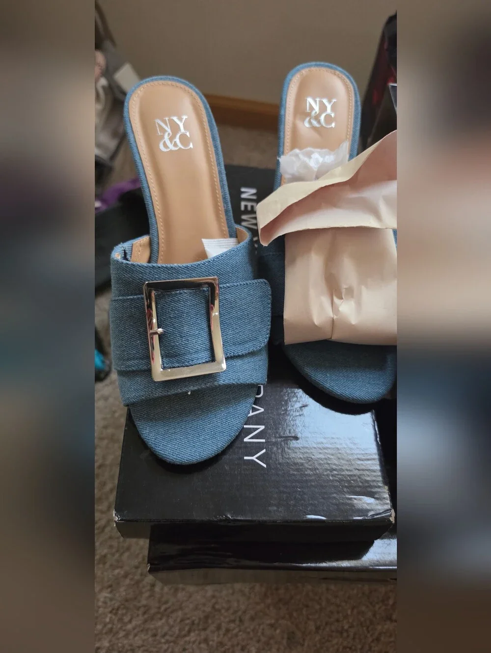 New York & Company denim wedge mule sandals